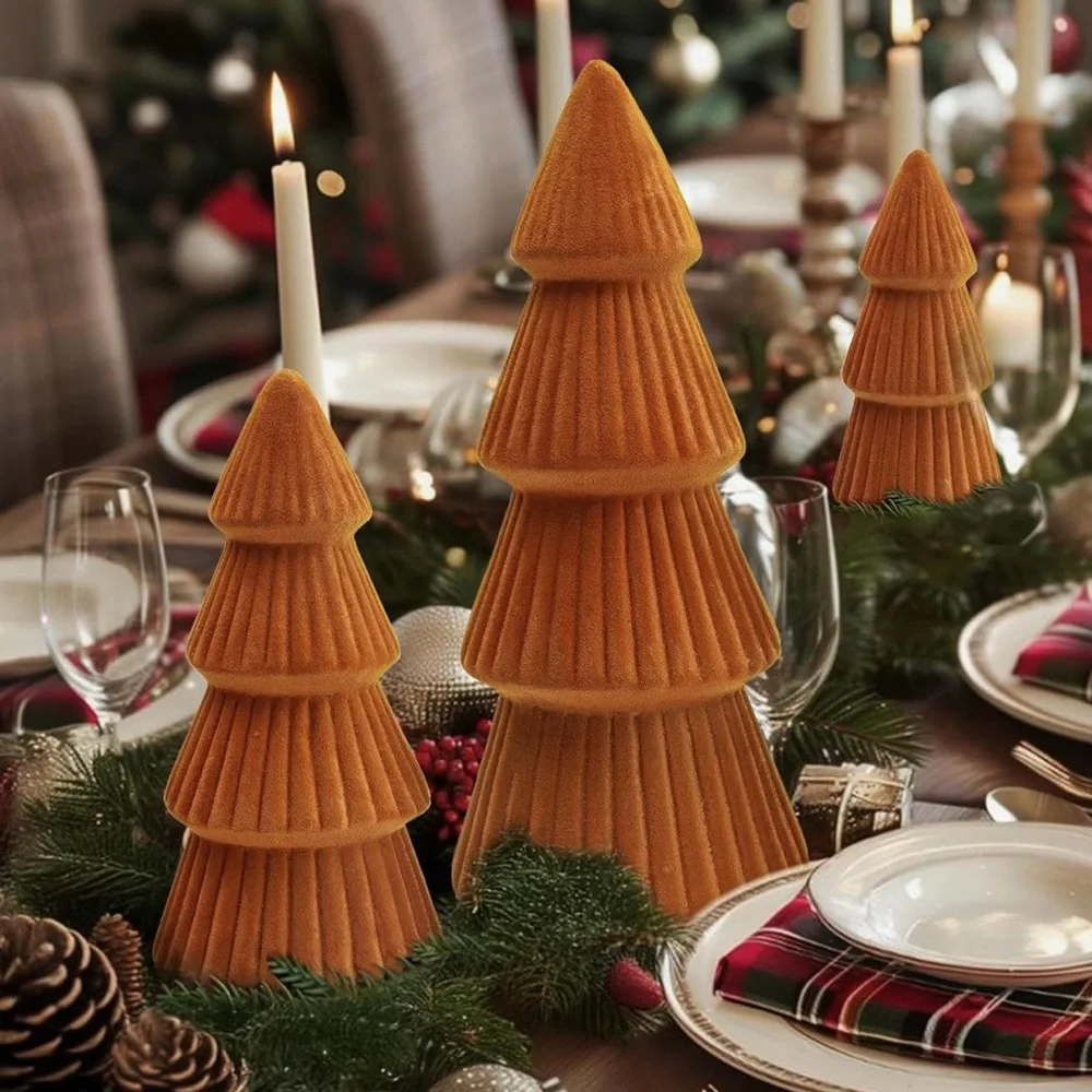 NEW West Elm XL Orange Boho Velvet Christmas Tree Set of 3 Holiday Mantle Decor